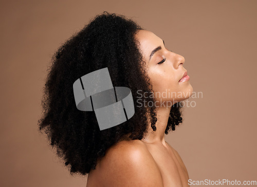 Image of Hair care, afro and face profile of black woman with clean shampoo hair, skincare glow and relax on background. Wellness, spa salon and African model with makeup, cosmetics and healthy hair growth