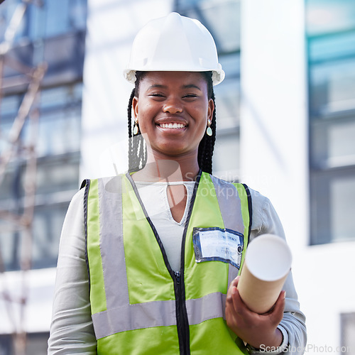 Image of Architecture, project management and portrait of black woman at construction site for civil engineering, designer and building inspection. Industrial, vision and goal with construction worker