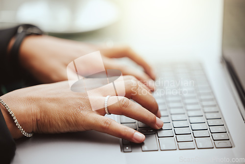 Image of Typing, hacker or programmer hands with laptop for database coding, web design or review UX SEO software code. Zoom, hand or developer with notebook for planning, data analysis or strategy search.