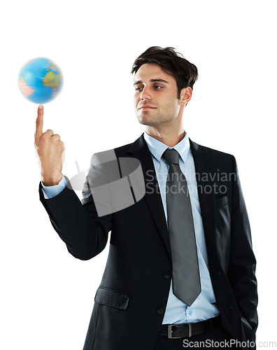 Image of Global, business and man with earth on finger, sustainability and future in international industry isolated on white background. Balance, work and corporate businessman with planet in hand in studio.