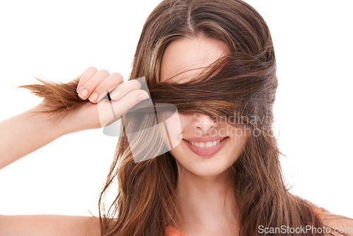 Image of Woman, hair care and covering face on studio for healthy skincare, smooth textures and cosmetics. Happy model, beauty salon and long hair growth from keratin shampoo, product and wellness aesthetic