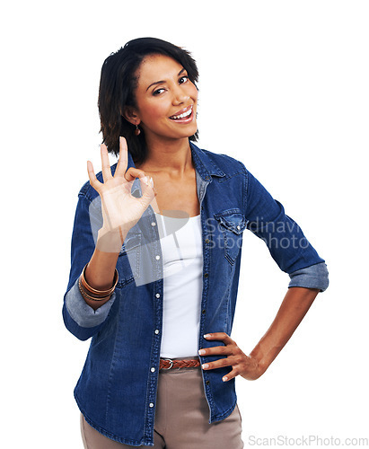 Image of Hand signal, ok and portrait of black woman with smile on face, agreement and understanding isolated on white background. Motivation, approval and good job sign language meme, happy woman in studio.