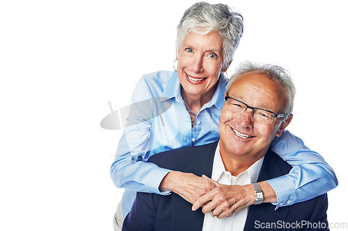 Image of Senior couple, happy portrait and relax hug for love, support care and happiness isolated in white background studio. Elderly man, woman smile and hugging, quality time romance or bonding together