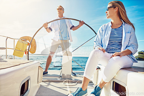 Image of Relax, travel and luxury with couple on yacht for summer, love and sunset on Rome vacation trip. Adventure, journey and man and woman sailing on boat for ocean, tropical and honeymoon at sea