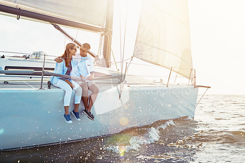 Image of Happy couple, ship and cruise for hug, ocean or summer sunshine for love, romance or outdoor adventure. Man, yacht and woman with waves, bonding or peace for luxury, lifestyle and travel for holiday