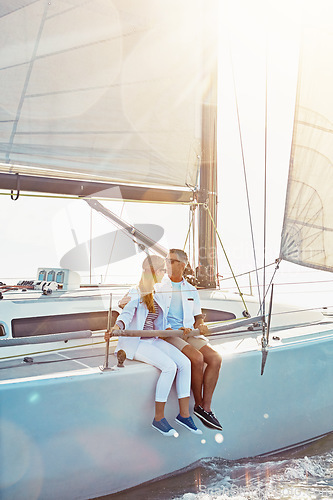 Image of Relax, travel and luxury with couple on yacht for summer, love and sunset on Rome vacation trip. Adventure, journey and vip with man and woman sailing on boat for ocean, tropical and honeymoon at sea