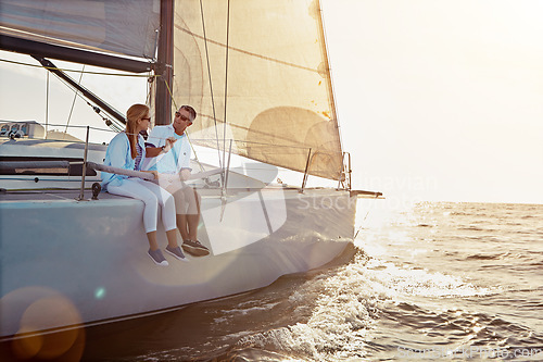 Image of Relax, travel and luxury with couple on yacht for summer, love and sunset on Rome vacation trip. Adventure, journey and vip with man and woman sailing on boat for ocean, tropical and honeymoon at sea