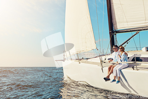 Image of Relax, travel and luxury with couple on yacht for summer, love and sunset on Rome vacation trip. Adventure, journey and vip with man and woman sailing on boat for ocean, tropical and mockup at sea