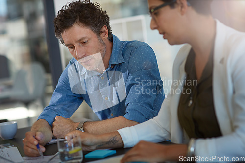 Image of Team, business meeting and planning analysis or writing report note, web research innovation or tech partnership conversation. Diversity, teamwork and strategy analytics with documents in office