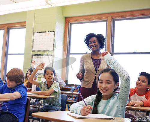 Image of Education, teacher and kids raise their hands to ask or answer an academic question for learning. Diversity, school and primary school children speaking to their woman educator in the classroom.