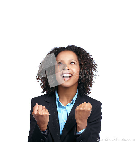 Image of Fist, looking up and success woman isolated on white background winner, winning and vision for dream career. Mockup space, business person or black woman with goals, wow and celebration hands sign