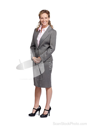 Image of Studio portrait, business woman and corporate suit for career leadership, mission and success smile. Worker, ceo or boss in professional fashion and body isolated on white background for marketing