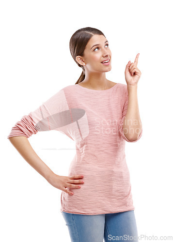 Image of Mockup, woman and pointing up at space for product placement, announcement and isolated on white background. Marketing, advertising and sales, girl influencer in promotion for studio product launch.