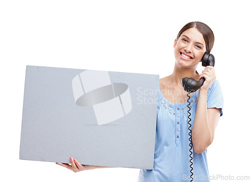 Image of Telephone, blank sign and portrait of a woman with billboard for advertisement with a smile. Happy, model and white background of a isolated model with sales, advertising and marketing sign for brand