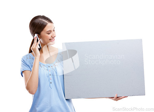 Image of Woman, studio and paper board with phone call for marketing, communication or networking by white background. Isolated model, using phone or holding branding billboard for vote, advertising or mockup
