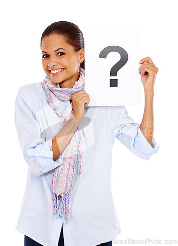 Image of Woman with question mark poster, portrait and question with branding or advertising isolated on white background. Document, faq and paper sign with marketing, happy and icon, why and interrogation