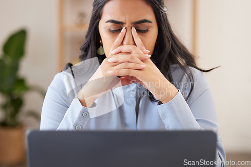 Image of Corporate woman, laptop and headache with stress, anxiety and tired at desk in web design workplace. Executive leader, manager and burnout with computer in modern office workspace in San Francisco