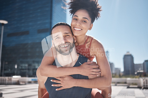 Image of Fitness, piggyback and couple of friends in city workout, training or exercise portrait for support, love and energy with teamwork. Urban, sports and strong, athlete black people with cardio goals
