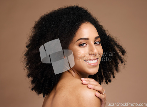 Image of Afro woman, hand or face skincare on studio background in self love hug, healthcare wellness or body dermatology. Portrait, smile or beauty model with natural hairstyle, makeup cosmetic or manicure