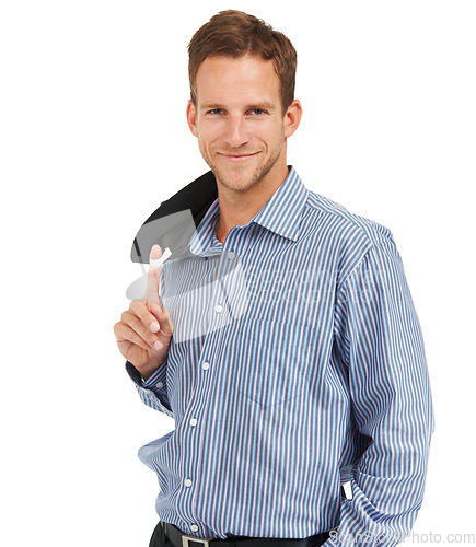 Image of Businessman, portrait and young entrepreneur in business suit, smile and relax in studio on white background. Face, professional and handsome male looking cool, confident and proud on mockup space