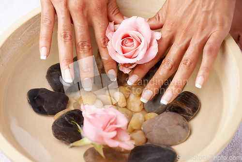 Image of Spa, manicure and hands of a woman with rose flower and luxury wellness. Water, beauty and skincare of a model hand with roses and flowers aromatherapy for cosmetic skin care and cleaning indoor