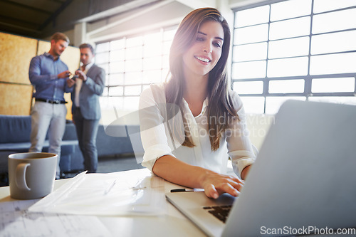 Image of Typing, laptop and business woman in office writing email in workplace. Planning, computer and happy female employee working on sales report, marketing project or advertising proposal in company.