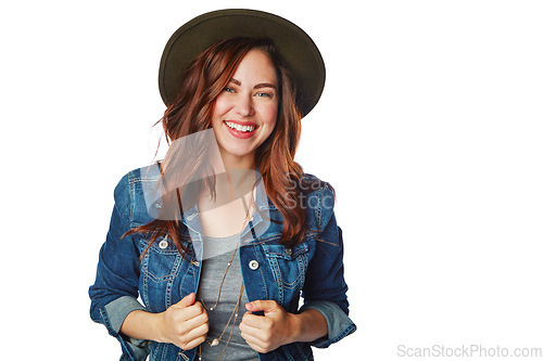 Image of Woman, portrait or fashion clothes with hat on isolated white background in cool brand marketing on mockup. Smile, gen z or model and denim jacket, trendy or clothing ideas on studio mock up backdrop