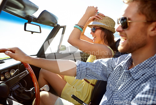 Image of Car road trip, travel profile and happy couple on bonding holiday adventure, transportation journey or fun summer vacation. Love flare, convertible automobile and driver driving on Canada countryside