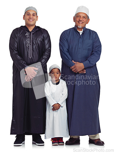 Image of Muslim, family and portrait of men in studio for Islamic, prayer and bonding on white background. Islam, generation and mature man teaching prayer, worship and religion values while standing isolated