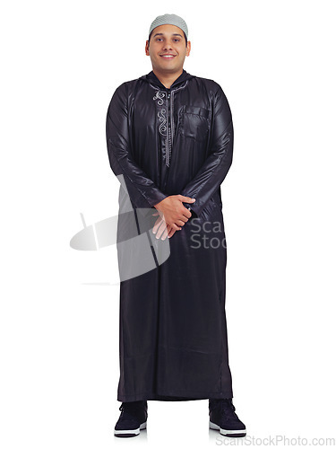 Image of Muslim, religion and happy man portrait with a islamic dress with a smile about faith. White background, isolated and young arabic person smiling with happiness and culture in a studio alone