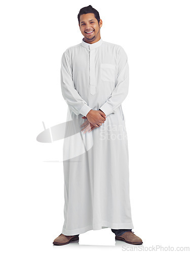 Image of Islamic clothes, muslim man and studio portrait isolated on white background for arabic culture. Holy moslem guy, religion and peace for eid mubarak, spiritual worship and fasting in ramadan to allah