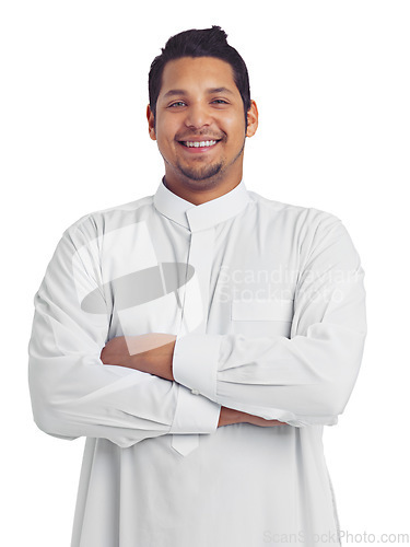 Image of Muslim man, studio portrait and arms crossed isolated on white background for religion, arabic clothes and faith. Happy moslem guy, spiritual leader and trust with smile, holy ramadan and eid mubarak