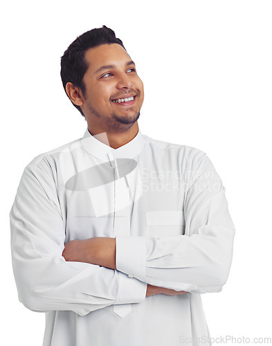 Image of Muslim man, studio and thinking of islamic culture isolated on white background of holy religion. Happy moslem guy, mockup and daydream of spiritual ideas with smile, ramadan and pray for eid mubarak