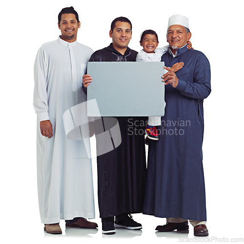 Image of Muslim family, men portrait and poster space with a happy child and people together for Islam religion. Arab dad and males with banner sign for eid, charity and support isolated on a white background