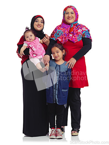 Image of Muslim women, portrait and family with children in studio for Islam religion, love and peace in studio. Arab mother, grandmother and kids together for Islamic culture isolated on a white background