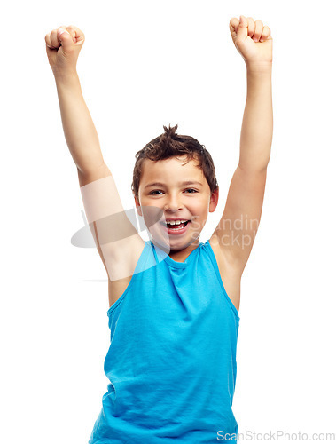 Image of Children, portrait and winner with a boy in studio isolated on a white background standing arms raised in celebration. Success, wow and kids with a male child raising hands in victory on blank space