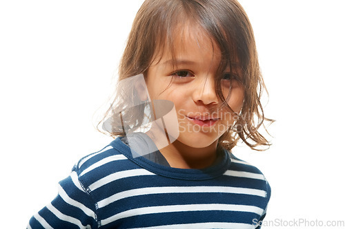Image of Portrait, kids and mockup with a boy child in studio isolated on a white background for marketing. Children, happy and smile with a male kid on blank mock up space for advertising or branding