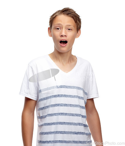 Image of Portrait, wow and surprise with a boy child in studio isolated on a white background for marketing or advertising. Children, omg and shock with a male kid looking surprised on blank branding space