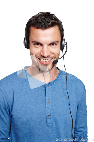 Image of Customer support communication, studio portrait and man talk on contact us CRM, telemarketing or call center. Telecom microphone, happy customer service and consultant consulting on white background