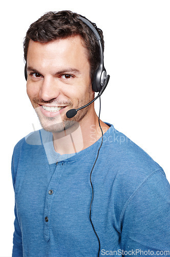 Image of Customer support consulting, face portrait and man talking on contact us CRM, telemarketing or call center. Telecom microphone, customer service communication or consultant on white background studio