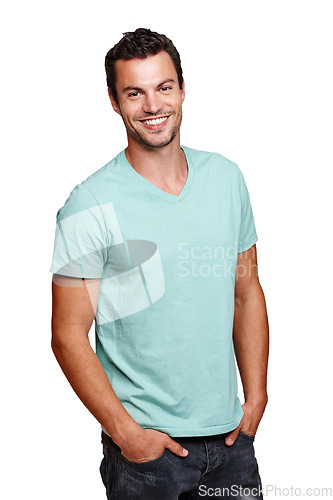 Image of Portrait, smile and happy man with hands in pocket in studio isolated on a white background. Pride, cool and model male posing in tshirt clothes for trendy style and positive mindset for motivation