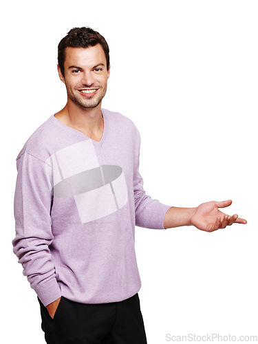 Image of Man, portrait and smile of a model with white background gesture to mockup for advertisement. Isolated, studio and person with mock up space for marketing and advertising with happiness and smiling
