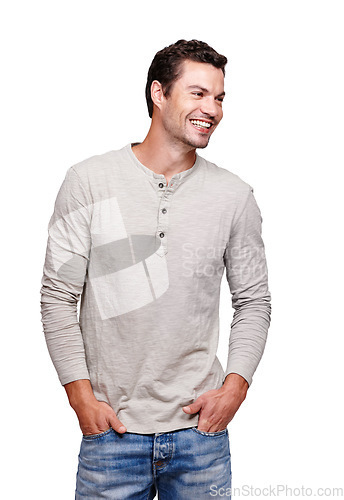 Image of Happy man, laughing and hands in pocket in studio isolated on a white background looking happy. Funny, cool and modern model male thinking and posing in casual clothes for trendy style idea