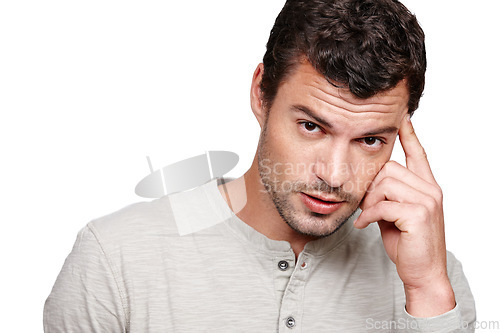 Image of Thinking, fashion and portrait of man on a white background with trendy, stylish and casual clothes. Serious attitude and fashion model isolated in studio with confidence, ideas and thoughtful