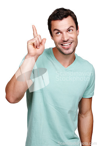 Image of Idea, thinking and man pointing hand with excited smile for happiness with strategy in studio. Confident brainstorming and ideas of happy model contemplating on isolated white background.