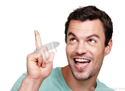 Image of Funny, comic and face of a man with a hand isolated on a white background in studio. Crazy, thinking and excited cool person with an idea pointing, happiness and smile on a studio background