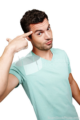 Image of Idea, thinking and man pointing at head, brainstorming creative startup project isolated on white background. Innovation, business mindset and smart guy with ideas for solution in studio portrait.