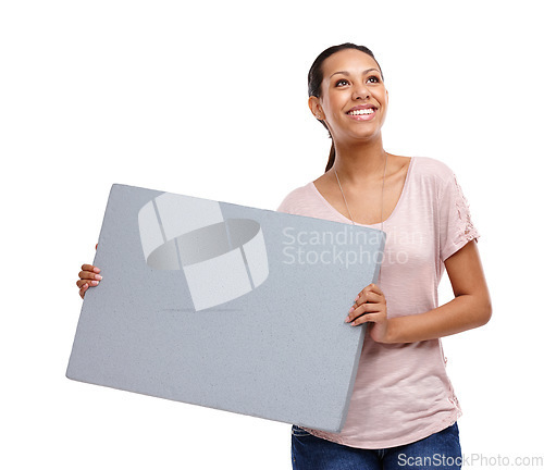 Image of Woman, blank poster and model with a marketing space and advertisement sign. Isolated, white background and happy person smile with advertising billboard mockup for sale or deal on paper