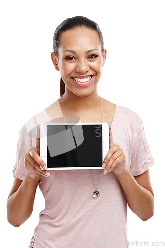Image of Screen, portrait and woman with tablet mockup in studio isolated on a white background. Marketing, branding and happy female holding touchscreen technology for product placement or advertising space.