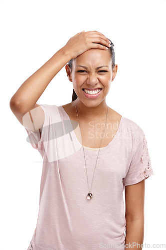 Image of Portrait, black woman and headache for stress, depression and lady isolated on white studio background. African American female, girl and migraine, pain and anxiety with pounding head and frustrated